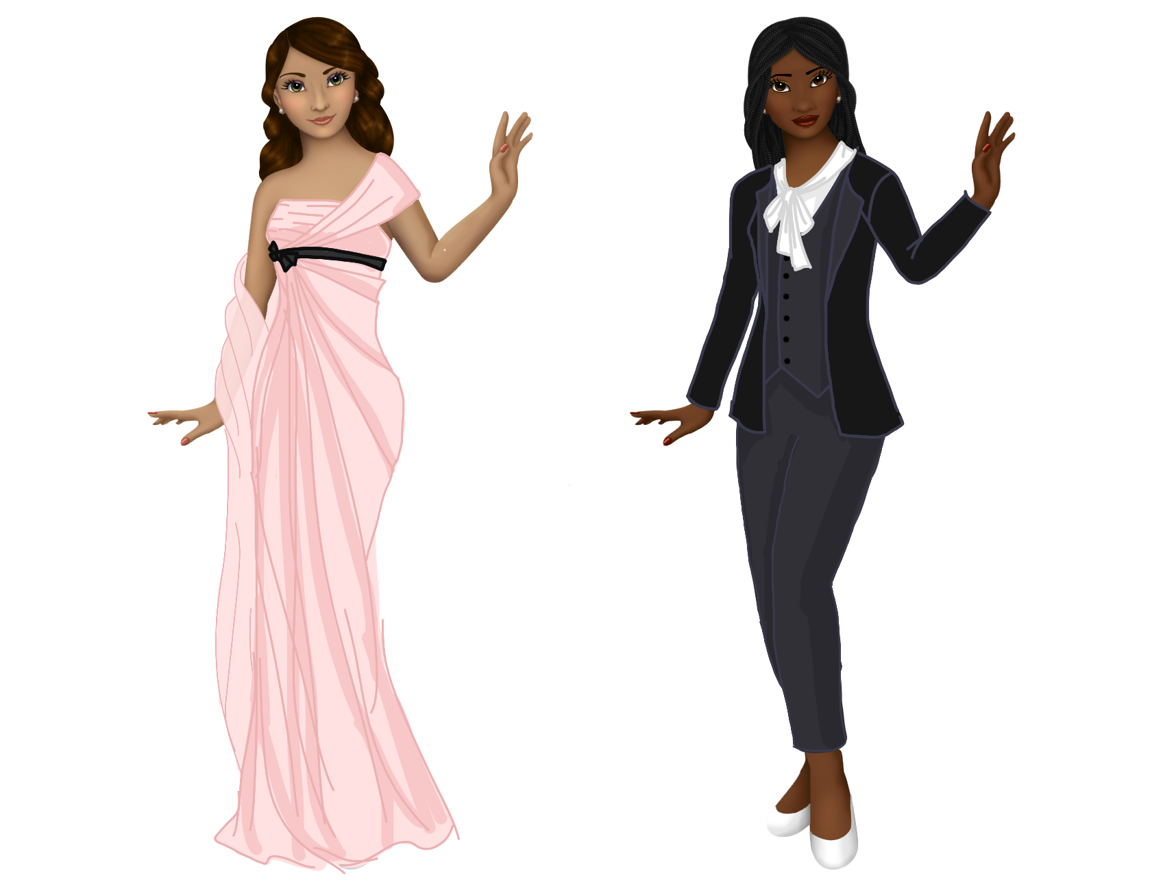 Dresses for Penelope Cruz and Ellen DeGeneres. Peneleope's dress is pink and sleeveless with an empire waist. A length of pink fabric starts at the black ribbon under the bust and goes over the shoulder, falling behind her and draping over her arm like a shawl. Ellen is wearing a black velvet jacket, a vest and pants with a thin white scarf tied in a droopy bow.