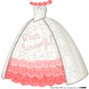 A very light ivory ballgown with an almost exaggeratedly large, floor length skirt. It is off the shoulder, with a line of pink rosettes across the top. The bodice is fitted and decorated with a pattern of white lines and dots arranged into a sunburst shape, with a polka dot and grid pattern covering the background. Both patterns are shaded to look as if they're white frosting on a white cake. The waist is V-shaped and is edged with a line of small silver balls. The overskirt is open at the front, showing a large part of the underskirt. The top half of the underskirt has a pattern of delicate white scrolls and the words "Treat Yourself!" written in loopy cursive in pink frosting. The bottom half consists of three large rows of rosettes, designed to look like they were made out of icing. The top rosette row is very pale pink, the second is a shade darker and the third is even more darker, creating an ombre effect. The overskirt is edged with lines of small silver balls and is decorated with sunburst-shaped patterns of lines and dots going up the front sides and a polka dot and grid pattern covering the background.