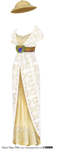 A 1912-style gown. The underdress is a sandy golden yellow color, with an Egyptian geometrical pattern on the fabric. It has a shallow scoop neck, short sleeves and a long, tube-shaped skirt that falls to the floor. It is gathered slightly above the waist with a wide gold sash, decorated at the front with a large brooch depicting a jeweled blue scarab holding an orange sun and adorned on both sides with a multi-colored wing pattern. At the bodice and at the hem are an Egyptian fan pattern done in small rhinestones. Over this is an overdress made of white lace patterned with Egyptian geometrical patterns and lotuses. The overdress is like a shawl over the bodice, opening at the front to show the fan pattern at the neckline, and going under the belt. It covers most of the underskirt, and opens in the front to show the fan pattern and the drape of the underskirt. There is a pith helmet to go with it, which is about the same color as the dress, but slightly darker and with a more utilitarian texture. Around the crown of the hat is a line of rhinestones.
