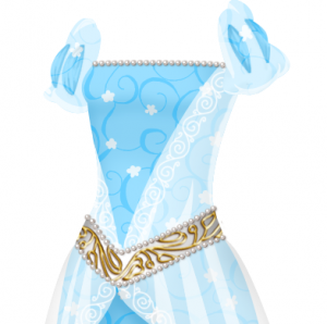 The top part of a blue gown with a delicate darker blue vine and white flower pattern and puffed sleeves. There are a line of pearls at the neckline and a wide gold belt with pearls.