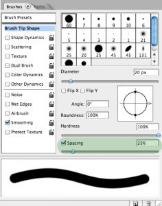 The Photoshop CS2 brush settings window, with the spacing field highlighted.