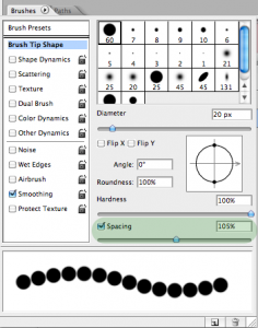 The Brush settings screen with the spacing increased, creating a dotted line.