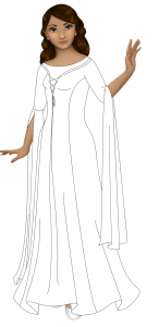 A black and white version of a gown with princess seams and lacing up the bodice. There's an under-layer that shows at the neck. The sleeves are three-quarter and there are long lengths of fabric that drape over the forearms and fall almost to the ground.