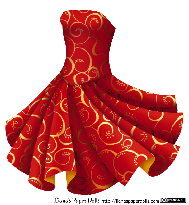 A strapless red dress with a tight bodice and a V-shaped waistline. The wide, knee-length circle skirt is flared out as if the wearer is spinning around. The whole dress is made of sleek, bright red fabric patterned with golden curls and dots, and the reverse side of the fabric, seen in a few folds at the edge of the skirt, is gold.