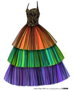 A ballgown with a halter-style black bodice and a floor-length, bell shaped skirt. The bodice is patterned with a metallic gold brocade. The gown is divided into three layers. The first one is shades of layered orange, yellow and red tulle under a light layer of black tulle, which the warm colors show through. The second layer is light green, dark green and light blue under a layer of black tulle. The third layer is dark blue, purple and magenta under a layer of black tulle.