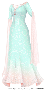 An aqua-colored gown with three-quarter sleeves and a low boat neckline. It has princess seams and is covered all over with a delicate scroll pattern. At the base of the skirt, the color changes to light peach, and there's a silver beaded vine pattern along the hem. There's an peach underdress that shows at the neckline, extending a few inches above the top of the gown. The light peach scroll pattern on it shimmers subtly, and there's a row of beading along the neckline. There's silver lacing along the collar of the aqua gown, and the dress is open over the bust, showing the underdress. The lacing crosses three times over the opening and is fastened under the bust with a brooch of silver and a coral-colored gem, then the laces hang down nearly to the bottom of the gown. The sleeves have long, delicate lengths of semi-transparent scroll-patterned peach fabric that hang down nearly to the base of the dress at each cuff.