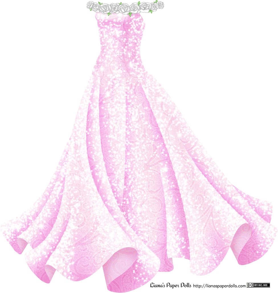 A sleeveless pink gown with a fitted bodice and a full skirt that flares out like a trumpet. There's a ring of white roses around the top of the bodice and the shoulders, dotted with small green leaves. The dress has a subtle scroll pattern and is very sparkly all over.