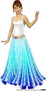 Emi, the new doll. She has light skin with yellow undertones, dark brown eyes and brown hair gathered up in a bun, with bangs and two curls around her ears. She is wearing a sleeveless gown with a sweetheart neckline. The bodice is white satin with a subtle scroll pattern,  and the skirt is sparkly all over and starts off sky blue, then gradually turns into dark blue at the hem. It's gathered into folds at the hips, while the front of the dress appears flat. There's a golden belt with a scroll pattern, and at the center is a magenta gem surrounded by a ring of pearls. There's also a gold circlet decorated with a magenta gem and two pearls.