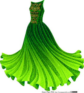 A gown with a sleeveless, boat-necked bodice and a very full, gathered skirt twirling out to the sides. The dress is green, darker at the top and turning lighter green towards the hem, and is covered with a dense scroll pattern in darker green. On the bodice is a golden scroll pattern from the neck to the waist.