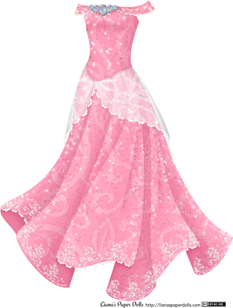 A pink gown with an off-the-shoulder neckline. There are five large opals at the neckline, surrounded by diamonds. The dress has a fitted bodice and a small, semi-transparent white overskirt patterned with rhinestone scrolls and edged with lace. The skirt is full and sparkly and is patterned with a light scroll pattern, and there's a rhinestone pattern on the hem.