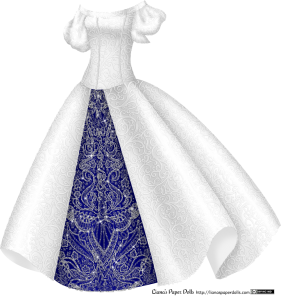 A silvery white gown with a delicate, small scroll pattern all over. The dress is off the shoulder and has large puffed sleeves over the upper arms. The bodice is tight and the skirt is bell-shaped. It's open in the front to show a dark blue underskirt covered with a pattern of rhinestones.