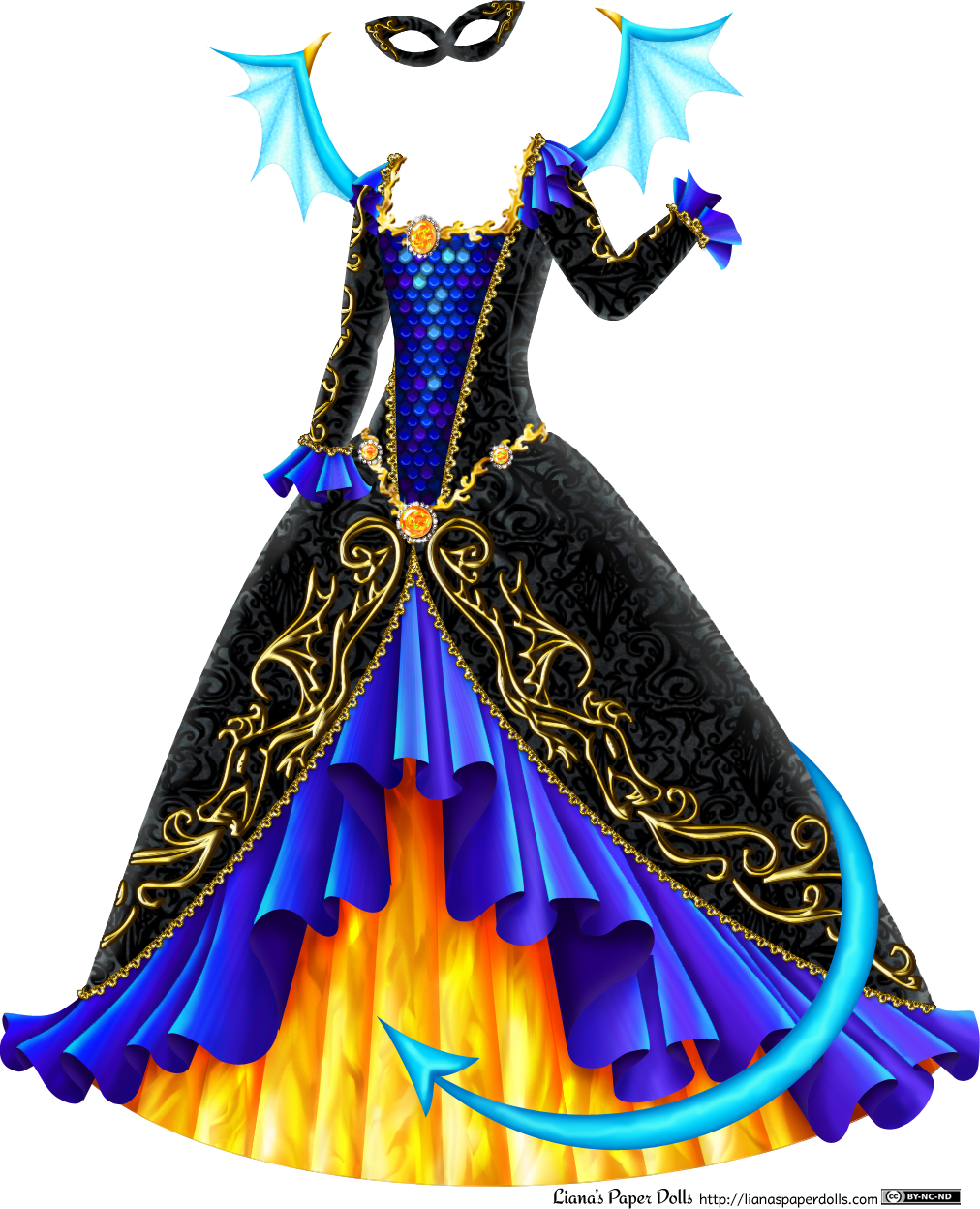 A black velvet masquerade gown with a square neckline, long sleeves and a large, bell-shaped skirt. At the neckline is a gold band in a stylized flame pattern, with a large fire opal surrounded by rhinestones set in the middle. The sleeves have blue ruffles at the shoulders and at the wrists, with iridescent blue-green highlights and shades of purple in the shaded areas. There's a bit of golden lace above each ruffle. A pattern of golden scrolls runs down the length of the sleeve. The bodice has a long, triangle-shaped area from the neckline to the waist patterned with shiny blue and purple dragon scales and bordered with delicate gold lace. At the waist is a gold band with a stylized flame pattern, set with three fire opals surrounded by rhinestones. The overskirt is open at the front and edged with a blue iridescent ruffle and golden lace. A golden pattern of a stylized dragon breathing flames is on the edge of the skirt. The underskirt appears to be made of fire. There's a light blue tail curling over the edge of the skirt and light blue wings at the shoulders, tipped with golden horns, and there's a small black velvet mask decorated with golden scrolls.