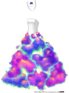 A strapless white gown. The skirt is made of puffy, multicolored clouds, lit from behind by a bright light source. The clouds are various shades of purple edged with bright blue or green, and there are bright spots of vivid yellow within the clouds. There's a white mask that goes with it that covers the whole face and has no decoration except for a large third eye drawn in glowing purple tones.