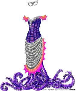 An off-the-shoulder dress with fin-like webbing on the upper arms, a corset top, a tight, sparkly silver skirt edged with more fin-like webbing and several tentacles coming from the skirt and spilling over the floor. The corset is patterned with an abstract tentacle pattern and is a deep purple. It's made of shiny fabric which is nearly pink where the light hits it, and the top of the corset is covered in sparkly silver glitter. The fin-like webbing is done in garish shades of yellow, orange and magenta. The skirt is gathered at the back and drapes over the front from the waist to the knees in graceful folds, and the entire skirt is covered in silver sequins that glitter as they catch the light. The silhouette suggests a late 1800s gown, although the colors, glitter and tentacles don't. There are about ten tentacles, shiny and colored in shades of purple, with large suckers on them. They fall towards the ground, where they spill out and curl around on the floor. There's also a shiny silver mask to go with the outfit.