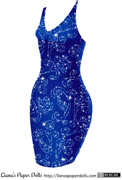 A sleeveless form-fitting blue dress with a hemline just above the knees and a V neck. The dress is sparkly and is covered all over with a pattern of blue sequins in scroll and flower shapes.