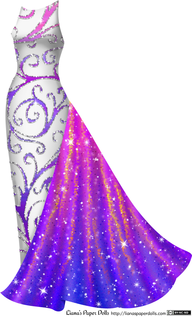 A sleeveless white gown with a boat neck that fits tightly over the legs. There's a pattern all over the gown of large purple and magenta scrolls edged with rhinestones. At the left hip is a length of iridescent trumpet-shaped fabric that falls over the gown to the floor. It's magenta near the top, fading into purple, and is sparkly.