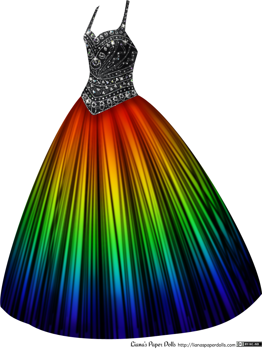 A sleeveless ballgown with a black bodice and a sweetheart neckline. The bodice is covered with rhinestones in varying sizes and patterns. The skirt is floor-length, full and bell-shaped, and the colors on it go in a rainbow pattern, from red near the waist, then orange, yellow, green, blue and purple at the hem. There is a pattern of black lines over the fabric, giving it a dramatic look.
