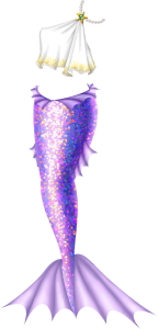 A bluish-lavender mermaid tail with lighter, warmer fins along the top, sides and base of the tail. The tail shimmers in shades of pink, purple, yellow and blue. The top is a one-shoulder Greek inspired white top that shows the midriff and is bordered with gold scroll patterns. At the shoulder is a golden starfish brooch with an opal in the middle, and there are strands of pearls looped over the shoulder and upper arm.
