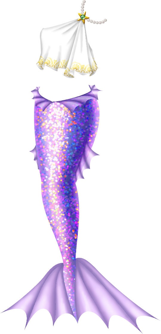 A bluish-lavender mermaid tail with lighter, warmer fins along the top, sides and base of the tail. The tail shimmers in shades of pink, purple, yellow and blue. The top is a one-shoulder Greek inspired white top that shows the midriff and is bordered with gold scroll patterns. At the shoulder is a golden starfish brooch with an opal in the middle, and there are strands of pearls looped over the shoulder and upper arm.