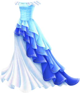 An off-the shoulder gown with a tight bodice and a trumpet-shaped skirt. There are pearly white ruffles over the shoulders, while the bodice is light blue with a small swirl pattern and a silver pattern at the neckline. The ruffled overskirt is in three layers, which start near the hip and get increasingly longer until they touch the ground on the other side of the dress. The top one is light blue, the middle one is a deeper blue and the bottom one is a darker purple-blue. They all have a silver swirl pattern on the edges. They're over a pearly white full skirt with a subtle swirl pattern in white on it.