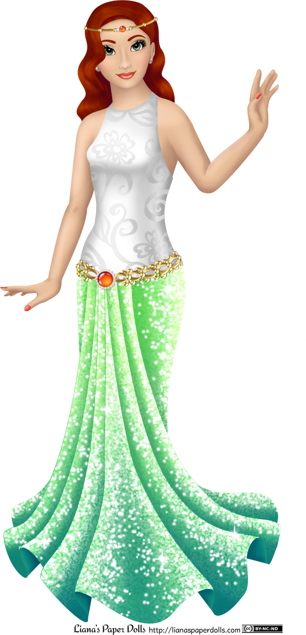 A pale-skinned adult woman doll. She has wavy red hair that falls partially over one eye, curved eyebrows, grey-green eyes and smokey eyeshadow. She has thin coral lips and small pearl earrings. She's wearing a sleeveless white top with a high scoop neck, patterned with swirls and flowers, and a long skirt that goes from light green to dark bluish-green and sparkles all over. It's gathered in front and fans out around the ankles, giving it a mermaid silhouette. There's a golden belt around the hips, accented with a orange gem ringed with pearls, and she wears a golden circlet decorated with golden beads, pearls and a small orange gem.