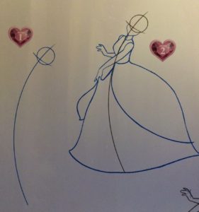 Step 1: A circle for the head and a long curved line indicating the way the body will move. Step 2: A simplified body and large bell-shaped skirt drawn over the previous image.